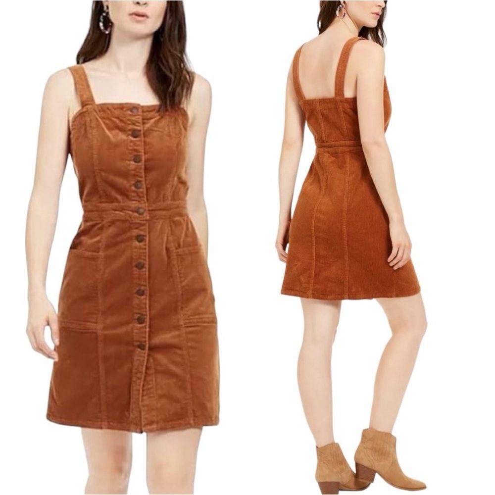 Boho Brown Corduroy Mini Dress Button Front Overall Style Size 10 - Picture 2 of 9
